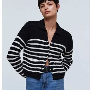 Madewell Chunky Knit Cropped Sweater Polo Cardigan Black and White Striped L